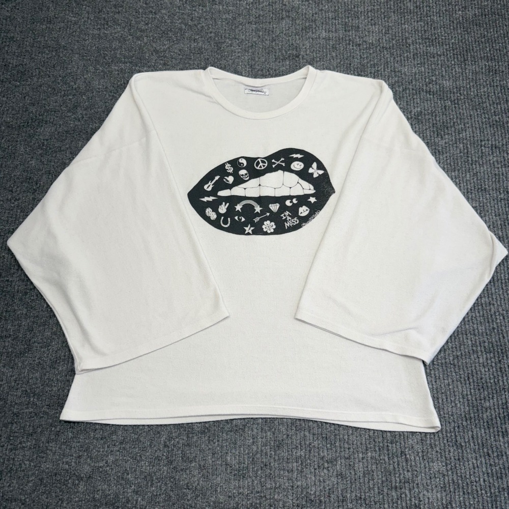 Lauren Moshi Lips Graphic Tee M White Oversized T Shirt Black Lips